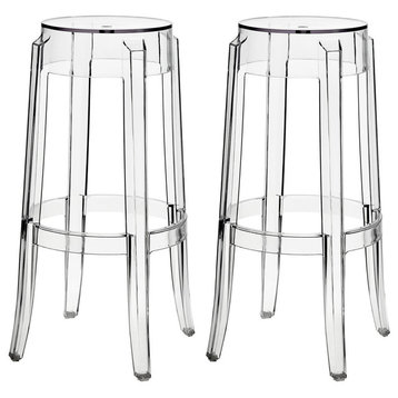 Modern Contemporary Dining Kitchen Clear Bar Stools, Clear, Set of 2