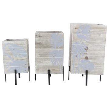 Set of 3 Rustic Wood and Iron Rectangular Planters With Stands