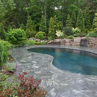 Klassisk inredning av en njurformad pool, med naturstensplattor