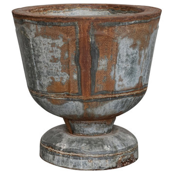 16" Round Metal Footed Planter, Holds 10" Pot, Distressed Zinc Finish