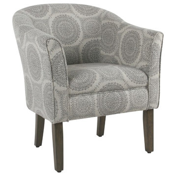 Wood And Fabric Barrel Style Accent Chair With Medallion Pattern, Gray And Brown
