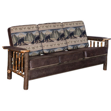 Hickory Log Sofa with Faux Brown Leather Arms and Accents, R. Bradley