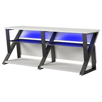 Contemporary Entertainment Center, Open Glass Shelves With RGB LED Lights, White