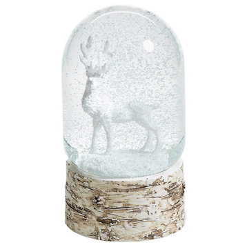 7" Tall Snow Globe Dome on Birch, Moose Sculpture, White and Beige