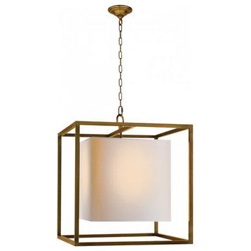 Caged Pendant, 2-Light Hand-Rubbed Antique Brass, Natural Paper Cube Shade, 22"W