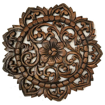 Round Wood PlaqueOriental Carved Wood Wall Panel.Teak Wood Wall Hanging 12"