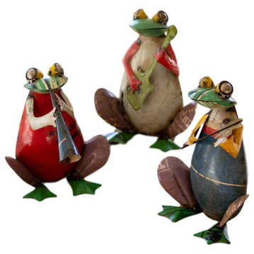 Colorful Recycled Metal Frog Musicians, 3-Piece Set