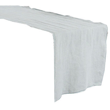 Chic Fringed Stone Washed Design Table Runner, Blue Gray