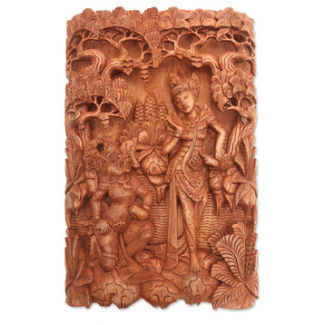 Novica Wood Relief Panel Sita And Hanuman