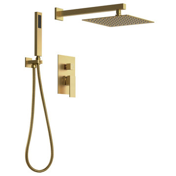 10" Wall Mounted Rainfall Shower Head with High Pressure Hand Shower, Brushed Gold