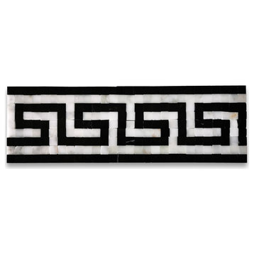Greek Key Mosaic Border Carrara White Black Marble Listello Tile Polis, 1 piece