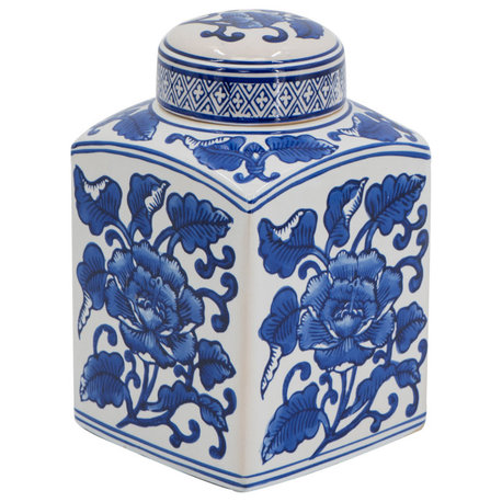 Square Decorative Jar or Canister, Blue/White