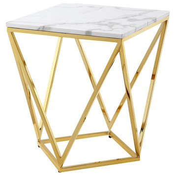 Emmet Marble Top End Table With Geometric Metal Base, White/Gold