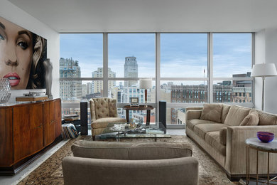 Living room - contemporary gray floor living room idea in Detroit with white walls