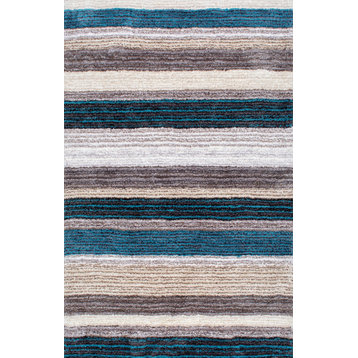 Hand-Tufted Striped Shaggy Plush Shag Rug, Blue, Multi, 5'x8'