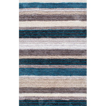 Nuloom Hand-Tufted Striped Shaggy Plush Shag Rug, Blue Multicolor 5'x8'