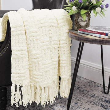 Cable Knitted Throw Blanket, Antique White, 60" X 80"