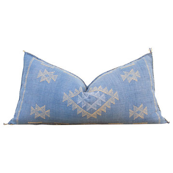 French Blue Long Lumbar Moroccan Silk Rug Pillow