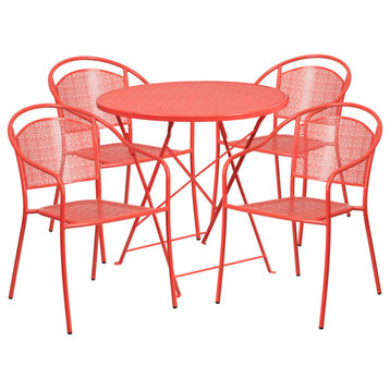30'' Round Indoor-Outdoor Steel Patio Table and 4 Round Back Chairs, Coral