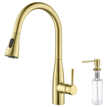 Bari-T Single Handle Pull Down Faucet, Brushed Gold, With Soap Dispenser