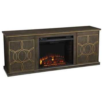 Contemporary Fireplace TV Console, Cabinet Doors With Geometric Golden Accent