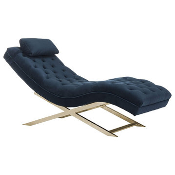 Glam Navy Velvet and Brass Chaise Lounge Chair