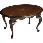 EuroLux Home - Side Table Queen Anne Round Plantation Cherry Distressed Rubberwood - Item #:BT-422Overall measurements (inches)20.25H x 37.75W x 25.75D .Selected Solid Woods, Wood Products And Choice Veneers. Cherry Veneer Top With Linen-Fold Inlay Design Of Maple And Walnut Veneers. Graceful Queen Anne Styling.Overall Condition is New. Material(s):Cherry Veneer,Rubberwood,Maple Veneer,Walnut Veneer,MDF.Style:Queen Anne.Dates to circaNew.