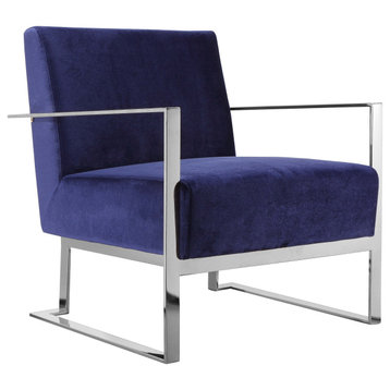 Pangea Home Dexter 17" Modern Velvet & High Polished Steel Lounge Chair in Navy
