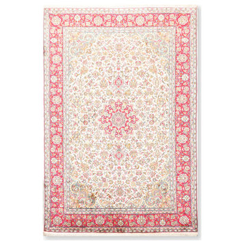 4'3"x6'3" Ivory Red Color Hand Knotted Persian Oriental Area Rug