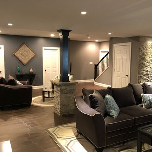 Design ideas for a large modern fully buried basement in Philadelphia with grey walls, terracotta flooring and brown floors.
