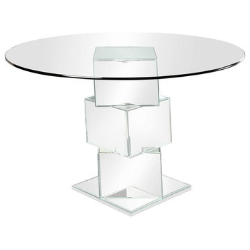 Unique Dining Table, Cascading Mirrored Cube Base With Round Glass Top, Chrome