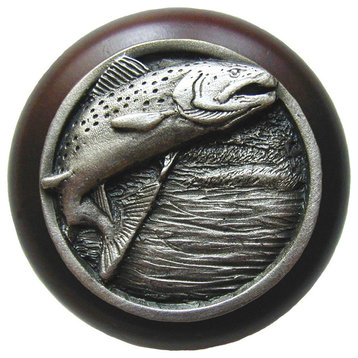 Leaping-Trout Walnut Wood Knob, Antique-Style Pewter