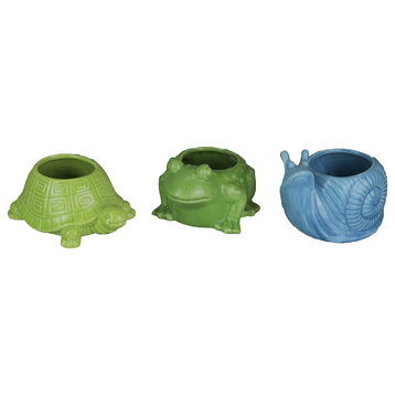 Set of 3 Garden Critters Turtle Frog and Snail Dolomite Ceramic Mini Planters