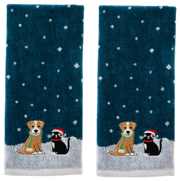 Cat and Dog Hand Towel, Set of 2, Teal