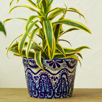 Novica Handmade Cobalt Plume Ceramic Flower Pot