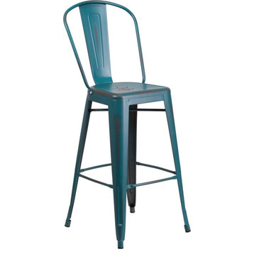30" High Distressed Kelly Blue-Teal Metal Indoor-Outdoor Barstool With Back