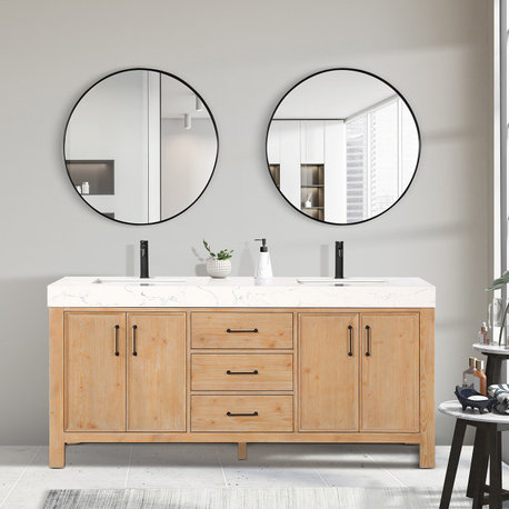 Leon Bath Vanity With Composite Stone Top, Fir Wood Brown, 72", No Mirror
