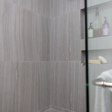 Master bath with enlarged shower and espresso bamboo vanity