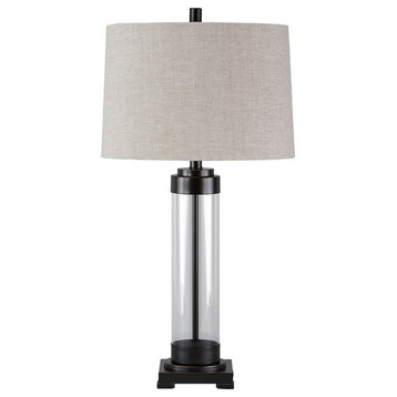 Glass And Metal Frame Table Lamp With Fabric Shade, Gray And Black