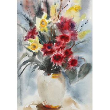 Eve Nethercott "White Vase Of Flowers, P2.47" Watercolor Painting