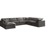 Meridian Furniture - Plush Velvet / Down Standard Comfort 7-Piece U-Shaped Modular Sectional, Grey - No matter how big or little the size of your gang, they can all find their sweet spot when you choose pieces from the Plush collection to build your ideal seating group. Choose this seven-piece set or pair multiple pieces together to get the custom look everyone will love. The soft grey velvet material is soft and welcoming to the touch, and the set's cushions are overstuffed with a down and feather blend to provide ample support for tired bodies.