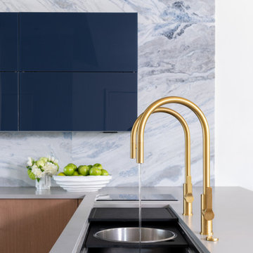 High gloss blue and white modern kitchen