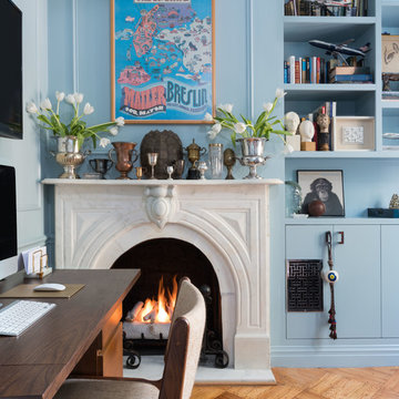 Eclectic Blue Home Office with Fireplace and Custom Built-Ins - Brooklyn, NY