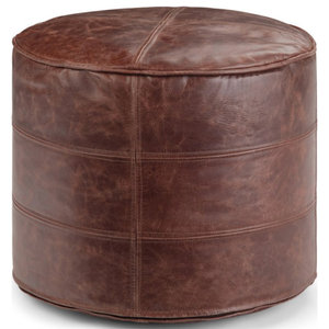 Simpli Home Kearney Transitional Round Pouf in Distressed Brown Faux Leather
