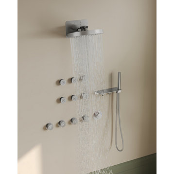 Thermostatic Shower System with High Pressure Handheld Spray & Body Jets, Brushed Nickel, 13 Inches