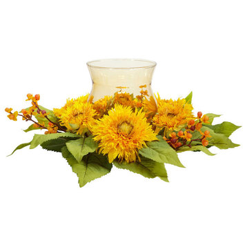 Golden Sunflower Candelabrum Silk Flower Arrangement, Yellow