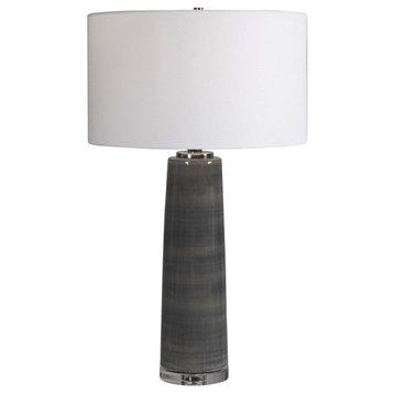 Elegant Charcoal Gray Gloss Tapered Ceramic Table Lamp Cylinder White Stripe