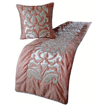 CA King 86"x18" Bed Throws Runner & Pillow Case Ivory Applique, Peach Elegance