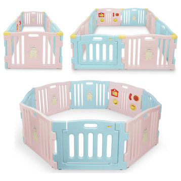 Kidzone Interactive Baby Playpen 8 Panel Safety Gate ASTM Certified, Light Pink