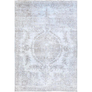 Cloud Gray White Wash Semi Antique Tabriz Cropped Thin Oriental Rug 6'3" x 9'6"